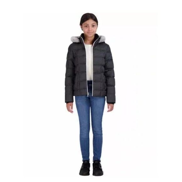 NWT SAGE Collective Youth Girls Faux Fur Hooded Puffer Jacket Coat Black Size L - Picture 3 of 10